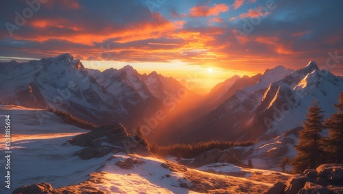 Fototapeta Naklejka Na Ścianę i Meble -  Golden Sunset Above Snow-Capped Mountain Ridges. The Peaceful Charm Of A Secluded Landscape. Adventure, Nature, And Tranquility.