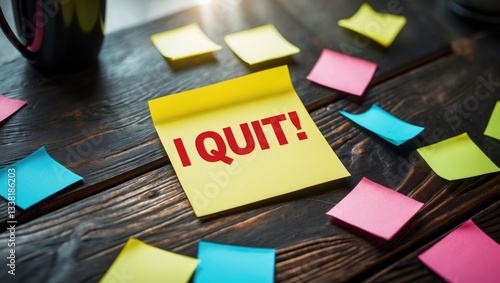 Yellow note on coffee table stating I QUIT, representing the choice to cease behaviors, surrender, or exit permanently.