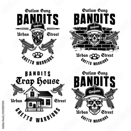 Vintage monochrome set of vector emblems featuring bandits and ghetto gangsters in retro style. Perfect for streetwear, tattoo designs, and urban themed illustrations with a gritty vibe