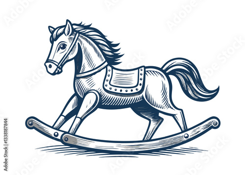Vintage Rocking Horse Illustration. Classic Wooden Rocking Horse Clipart. Nostalgic Childhood Toy Vector