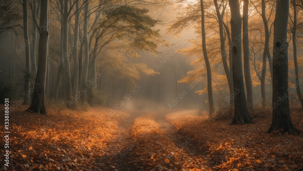 Obraz premium Golden leaves cover the forest floor as the crisp autumn breeze rustles through tall trees in the tranquil woods.