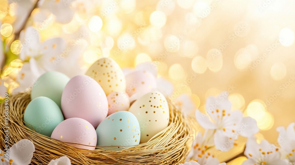 Pastel Easter Eggs In Nest With Blooming Flowers Backgro Pastel Easter Eggs In Nest With Blooming Flowers Backgro