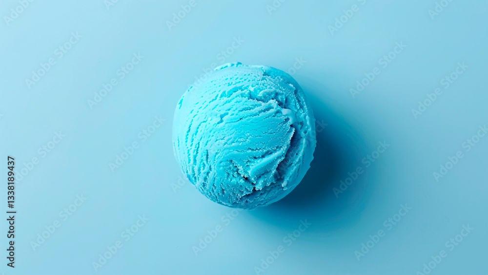 Blue Ice Cream Scoop on Pastel Blue Background. Summer Concept, Sweet Dessert, Minimalist Food Art.