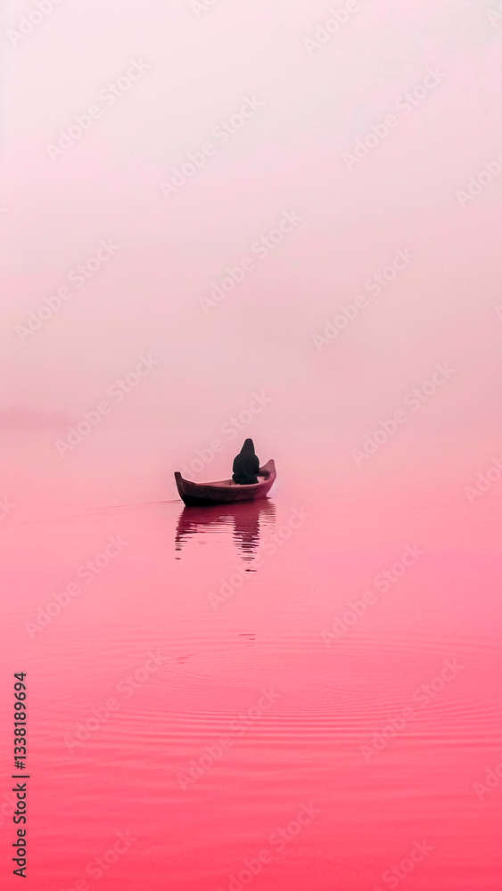 Silhouette of Person in Canoe on Pink Backdrop. Minimalist Style, Peaceful Moment, Tranquil Scene.