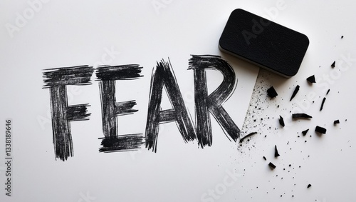 Word written as FEAR is being erased by a black eraser on a white paper background with copy space. Concept of no fear or being fearless.
