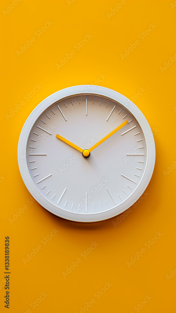 White Clock with Yellow Pointer on Yellow Background. Home Interior, Contemporary Decor, Stylish Timepiece.
