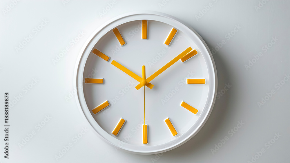 White Wall Clock with Yellow Pointer on White Background. Minimalist Design, Home Decor, Timepiece Concept.