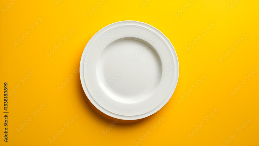 White Plate on Yellow Background. Minimalist Design, Food Presentation, Kitchenware Concept.