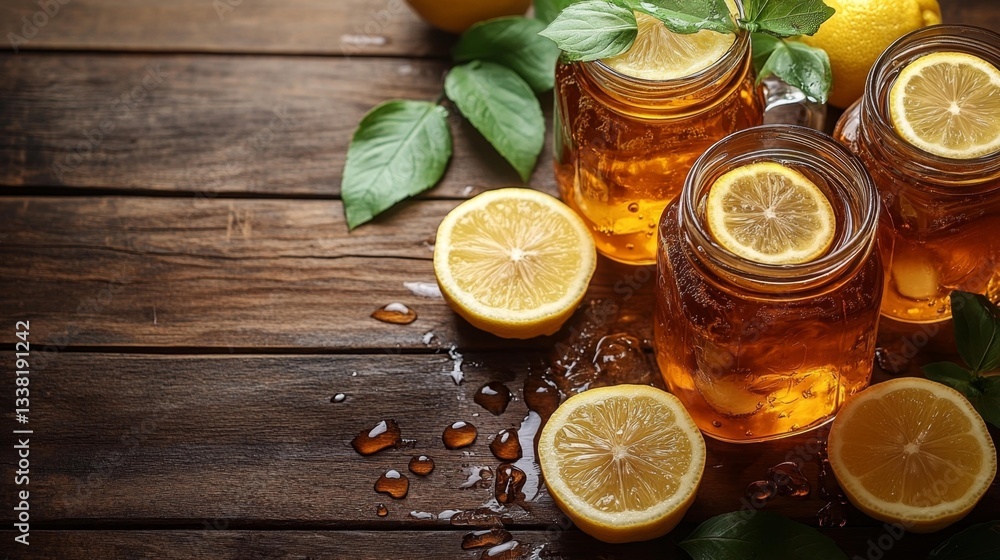 Refreshing Iced Tea in Mason Jars with Lemon Slices and Fresh Leaves. Generative AI Refreshing Iced Tea in Mason Jars with Lemon Slices and Fresh Leaves. Generative AI