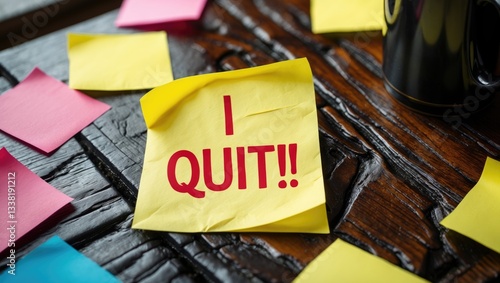 Yellow note on coffee table stating I QUIT, reflecting decision making to cease behaviors, give up or permanently leave.