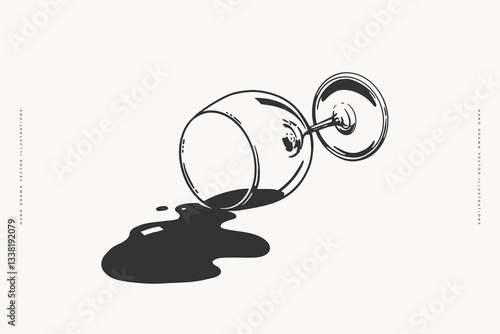 Hand-drawn spilled wine glass illustration. Black and white sketch-style vector drawing of an overturned glass with liquid spilling onto the surface.