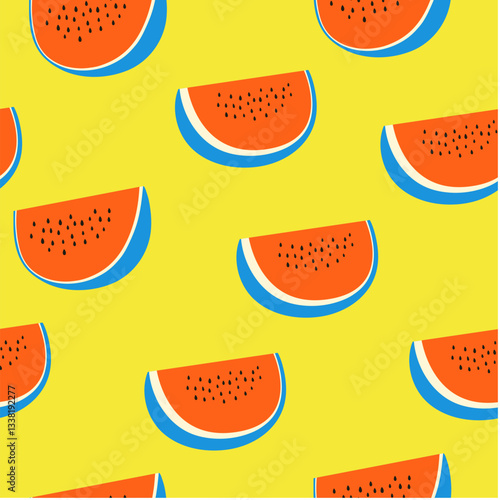 Summer seamless pattern with watermelon. Vector summer illustration. Colorful background in a flat style. Watermelons on a yellow background.