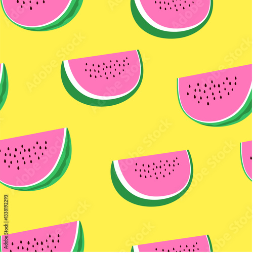 Summer seamless pattern with watermelon. Vector summer illustration. Colorful background in a flat style. Watermelons on a yellow background.