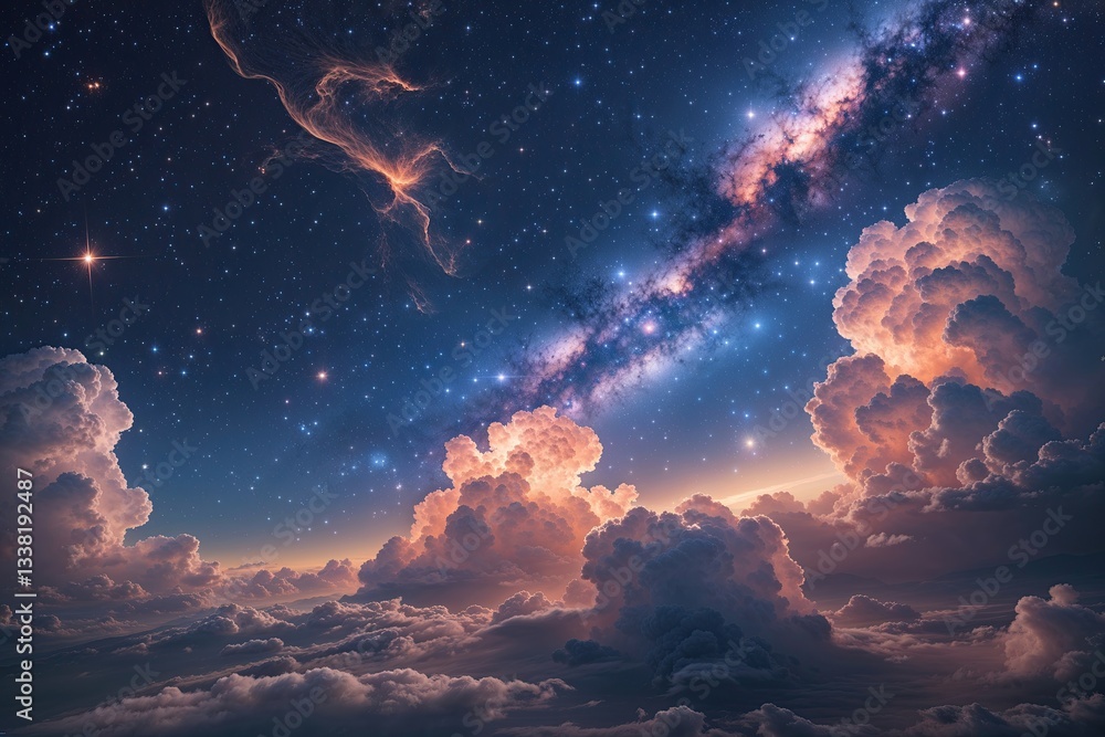 Fototapeta premium Intriguing Cosmic Vista with Brilliant Starlit Sky and Luminous Nebula Cloud Formations