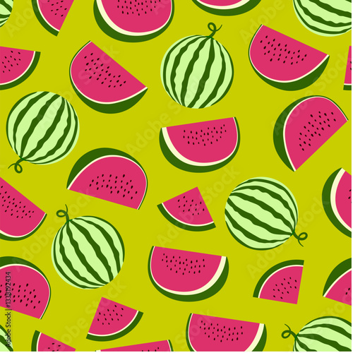 Summer seamless pattern with watermelon. Vector summer illustration. Colorful background in a flat style. Cute design for fabric, paper, cover, interior decor and other users.