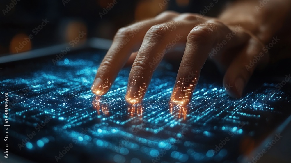 Digital Interaction: A Close-Up of Fingers Interacting with a Futuristic Interface Digital Interaction: A Close-Up of Fingers Interacting with a Futuristic Interface