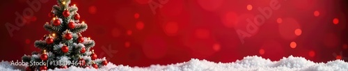 Snowy Christmas tree in a red festive background, red christmas, holly, festive decor