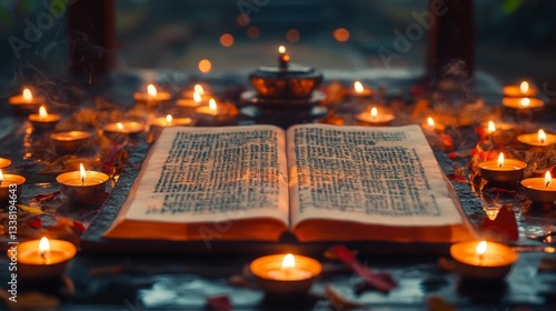 Sacred Buddhist Scriptures with Candles in a Peaceful Setting. Generative AI