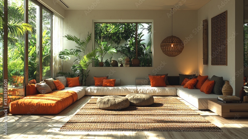 Fototapeta premium A stylish modern interior room with tropical plants and bright cushions