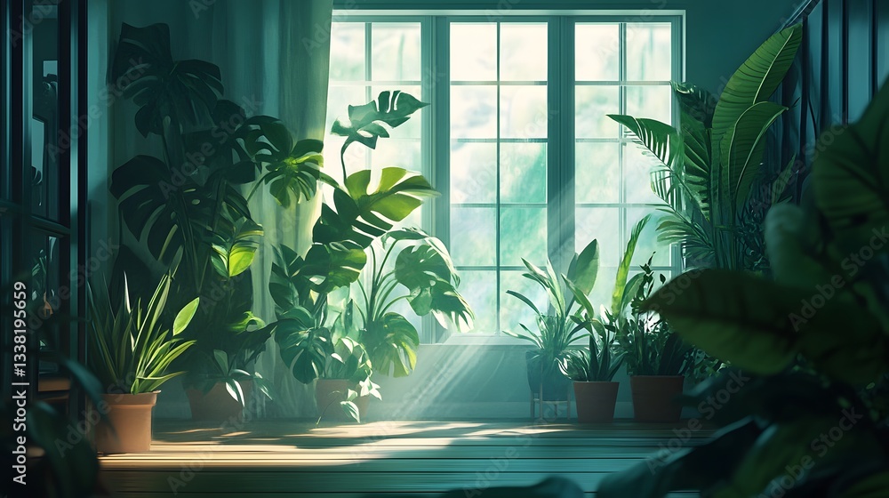 A calming energy-filled scene, capturing serenity through lush greenery and gentle light effects A calming energy-filled scene, capturing serenity through lush greenery and gentle light effects