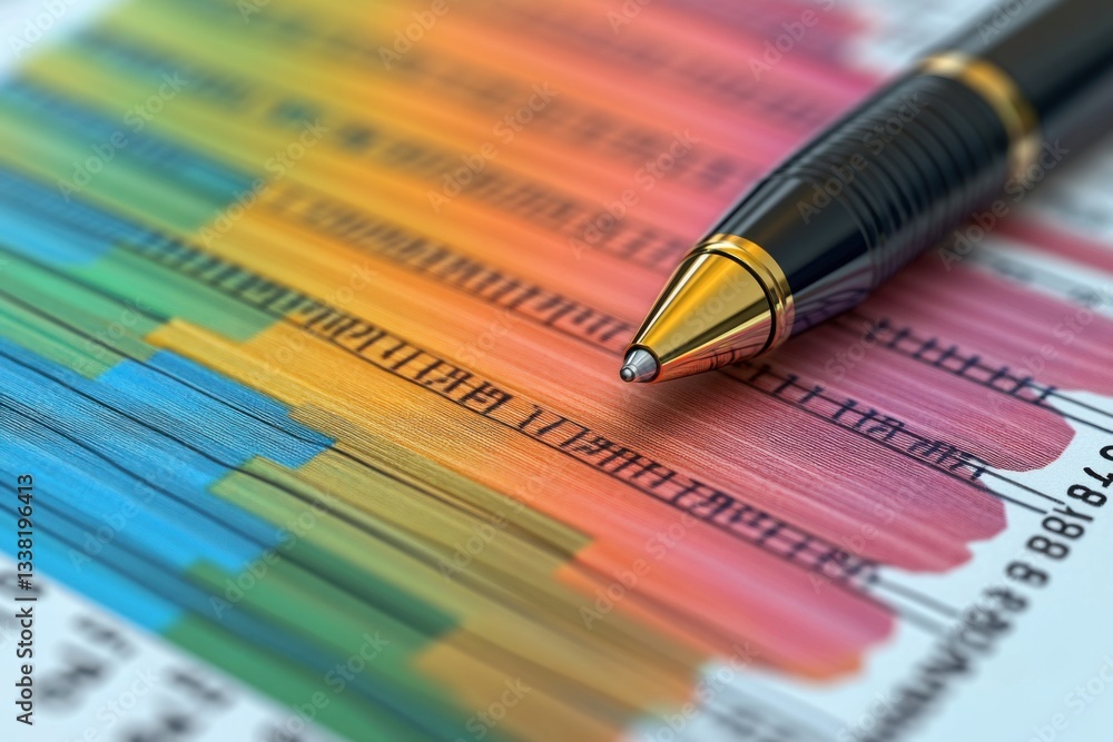 Close-up of a pen resting on a vibrant, colorful data chart. Business, finance, analytics concept. Close-up of a pen resting on a vibrant, colorful data chart. Business, finance, analytics concept.