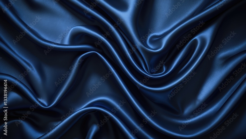 Obraz premium Navy blue satin fabric with a silky shiny finish. Dark luxurious background offering space for design. Wide banner template featuring an elegant, empty flat lay from a top view angle.