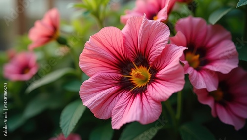 Wallpaper Mural Close-up of a vibrant pink flower on a lush green bush with a background of green leaves, thriving in an organic garden floral bed during daylight. Torontodigital.ca
