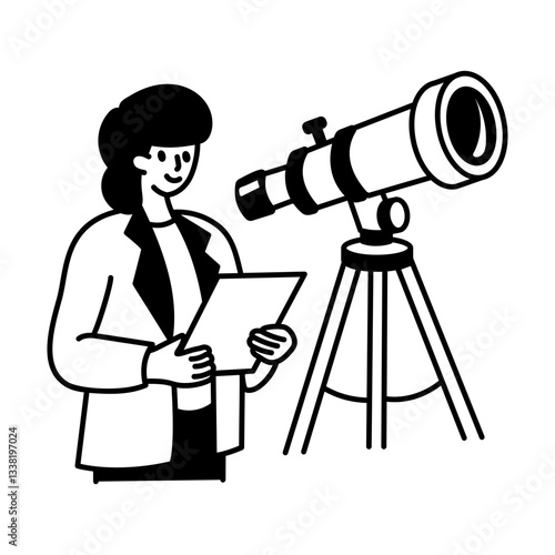 A hand drawn illustration of an astronomer character with large telescope 
