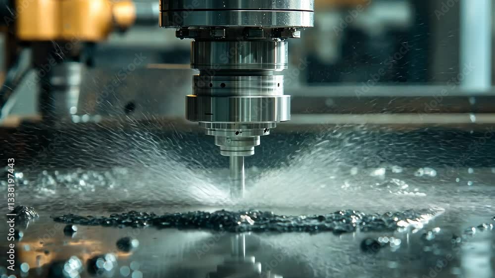 A close-up of industrial metal machining process with water-based coolant and drill bit. A close-up of industrial metal machining process with water-based coolant and drill bit.