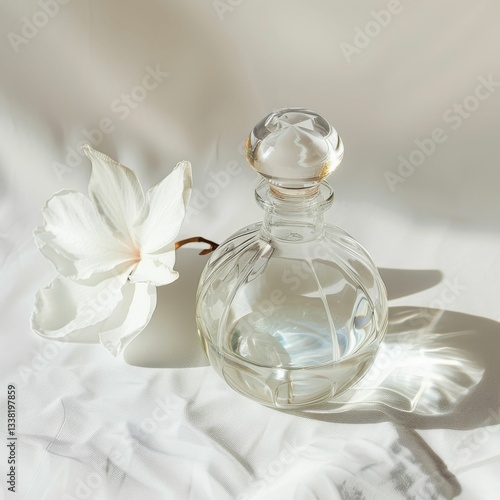 A clear vase with a white flower in it