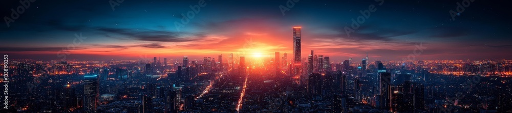 Obraz premium Futuristic City Skyline at Sunset with Glowing Lights and Towering Skyscrapers. Generative AI