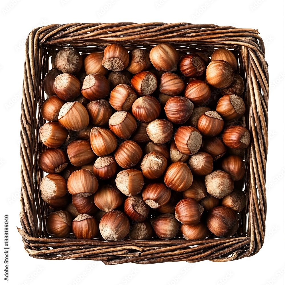Hazelnuts in a Square Wicker Basket on White Background Hazelnuts in a Square Wicker Basket on White Background