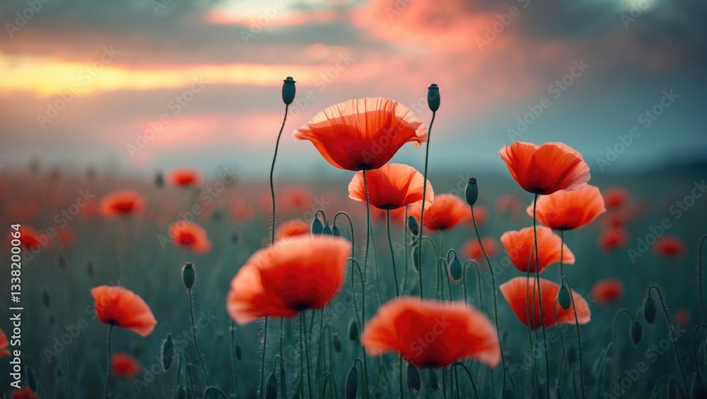 Fototapeta premium Close-up of poppy flowers in a field under the sun.
