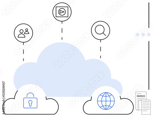 Central cloud links data access icons thumbs up users, video, search, security, global connectivity, and invoices. Ideal for storage, collaboration, security technology digitalization