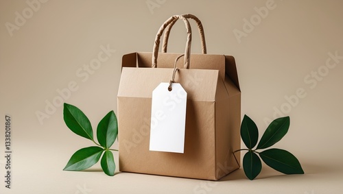Cardboard box with handles for shipping or gifting, accompanied by leaves and a blank white tag for labeling or writing.