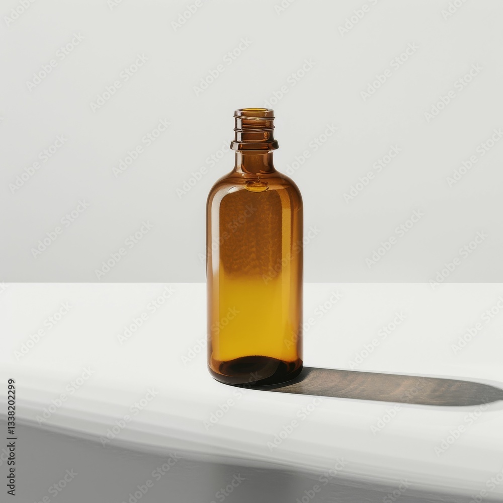 A bottle of amber colored liquid sits on a table A bottle of amber colored liquid sits on a table