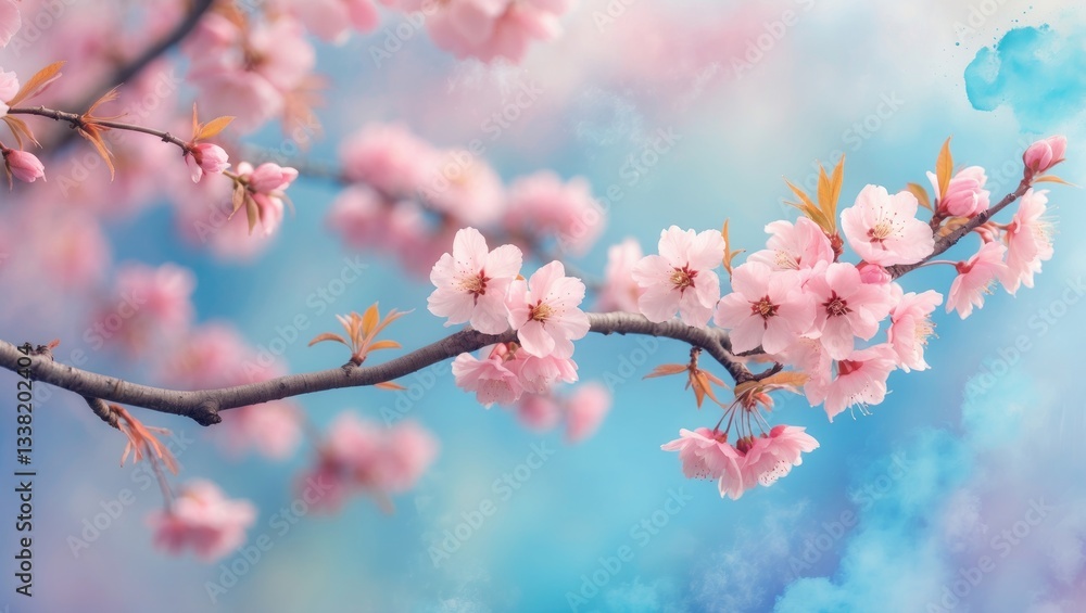 Cherry blossom against a soft pastel blue backdrop. Cherry blossom against a soft pastel blue backdrop.