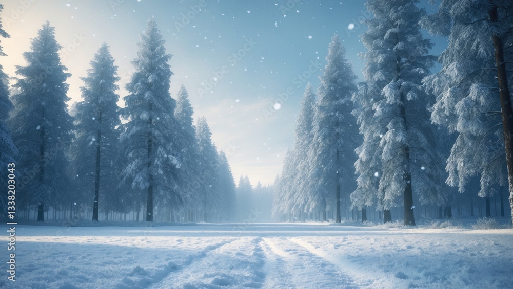 Fototapeta premium Snowy Winter Forest featuring Falling Snowflakes and Frosty Trees Enchanting Background