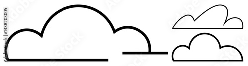 Three simplistic cloud shapes in bold and thin black lines evoking ideas of weather, connectivity, and creativity. Ideal for weather forecast, cloud storage, technology, simplicity, digital design