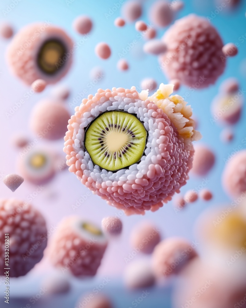Naklejka premium Deliciously unique sushi-inspired kiwi treats culinary art studio digital illustration colorful environment close-up viewpoint