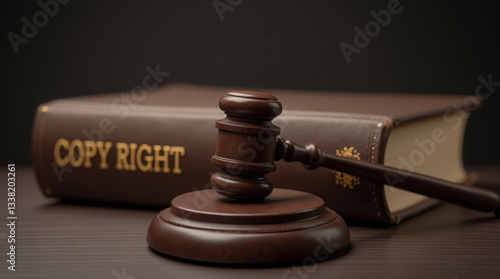 A wooden gavel rests on a polished surface next to a large book titled COPY RIGHT, symbolizing the importance of copyright laws in legal discussions