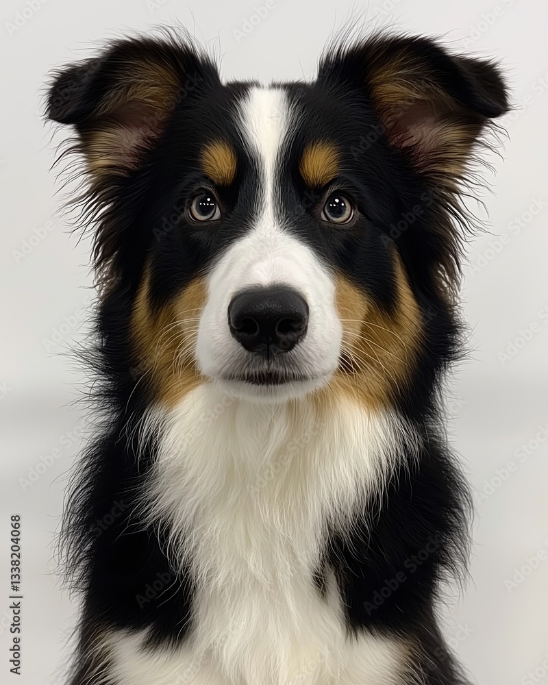 Fototapeta premium A focused Australian Shepherd dog sitting against a neutral background.