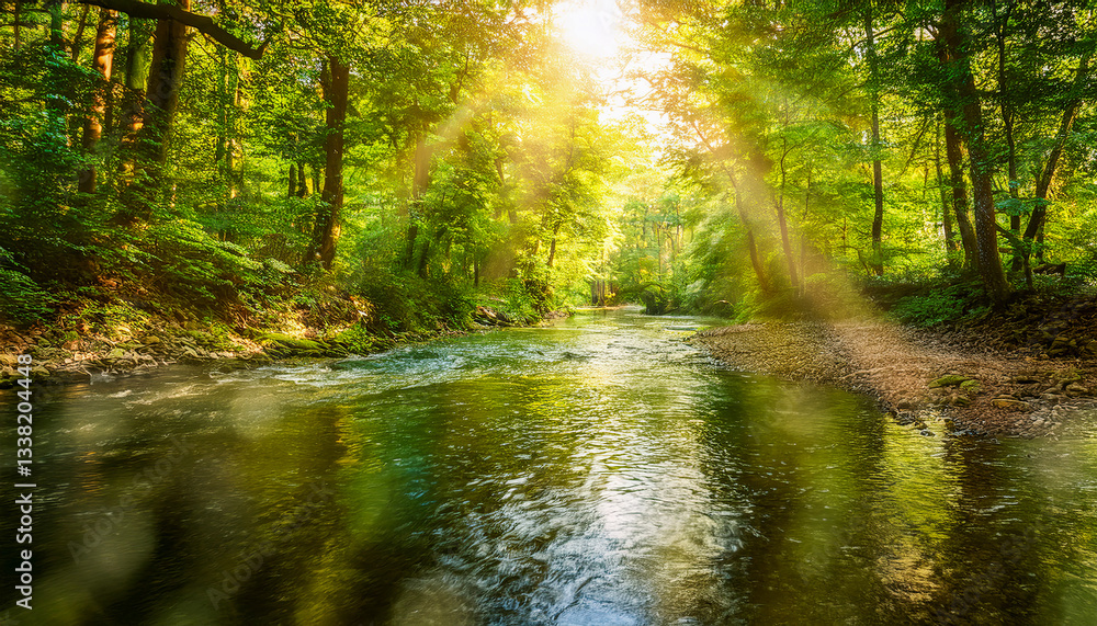Obraz premium A tranquil river winds through a lush forest, with sunbeams filtering through the trees, creating a serene summer landscape.