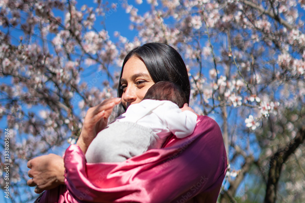 Latin mother holding her baby under almond tree in bloom Latin mother holding her baby under almond tree in bloom
