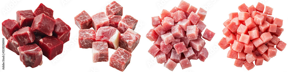 Set of raw meat cubes, isolated on a transparent background. Set of raw meat cubes, isolated on a transparent background.
