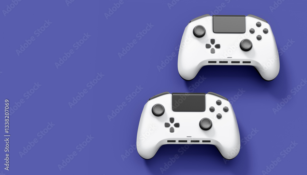 Realistic white video game joysticks or gamepads on violet background Realistic white video game joysticks or gamepads on violet background