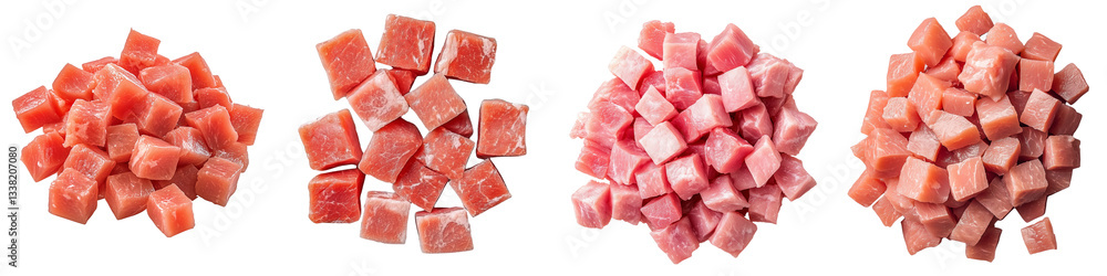 Set of raw meat cubes, isolated on a transparent background. Set of raw meat cubes, isolated on a transparent background.