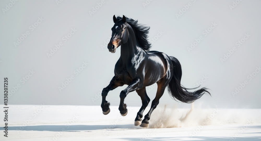 Fototapeta premium Galloping shiny black stallion set against a white background.