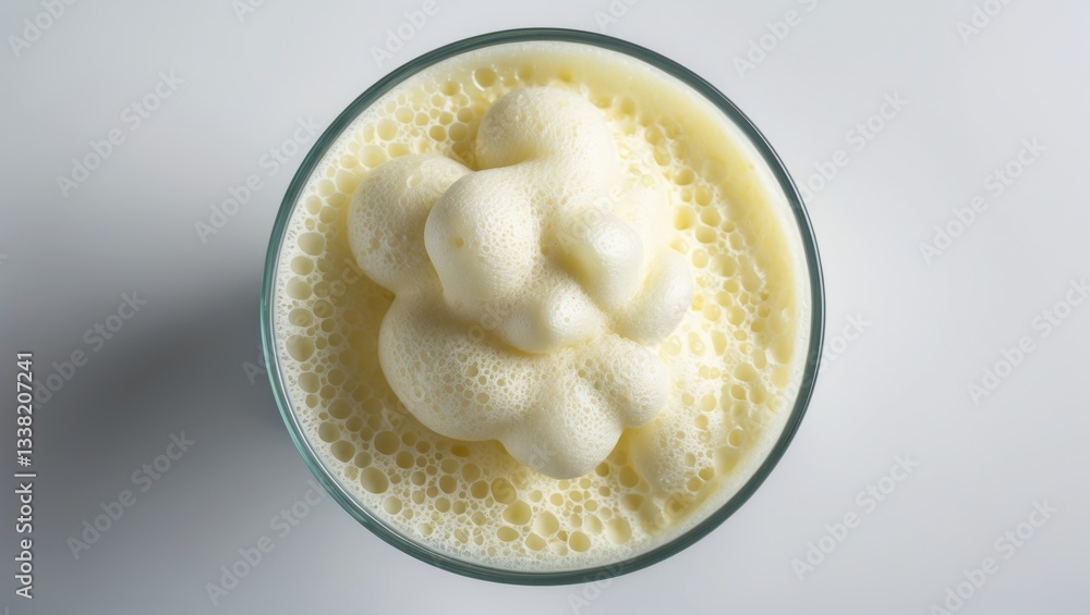 Glass of Vanilla Milkshake with frothy bubbles, viewed from above with a drop shadow. Glass of Vanilla Milkshake with frothy bubbles, viewed from above with a drop shadow.