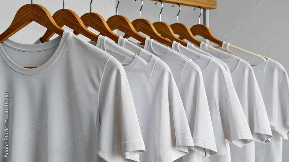 Row of white t shirts hanging on wooden hangers against a plain white background in a clothing store